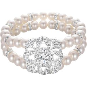imageBriLove Womens Wedding Bridal Crystal Simulated Pearl Double Row Strand Halo Vintage Stretch BraceletStyle 04