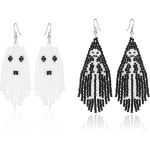 imageBriLove 2 Paris Halloween Gothic Skeleton Spooky Skull Dangle Earring Earrings Simulated Pearl Jewelry Gift for Party Prom Costume Dress Up Ghost Set Black and White