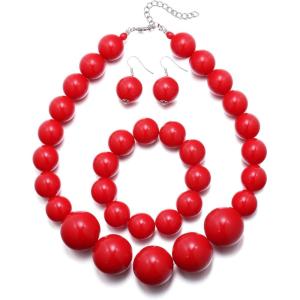 imageBriLove White Beads Necklace Costume Jewelry for Women Strand Chunky Statement Necklaces Bracelet Earrings Halloween Cosplay Party Prom AccessoriesRed