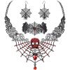 imageBriLove Halloween Costume Spider Cobwebs Crystal Necklace Earrings Set Gothic Skull Pendant Collar Jewelry for Women Cosplay Party PromRuby Color BlackTone