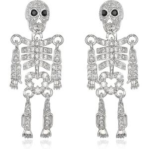 imageBriLove Halloween Costume Gothic Skeleton Spooky Skull Dangle Earrings Animal CZ Crystal Rhinestone Earring for Women Cosplay Party PromClear SilverTone