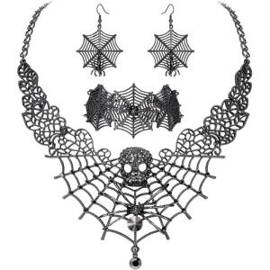 imageBriLove Halloween Costume Spider Cobwebs Crystal Necklace Earrings Set Gothic Skull Pendant Collar Jewelry for Women Cosplay Party PromBlack BlackTone