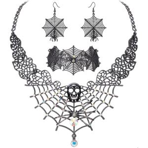 imageBriLove Halloween Costume Spider Cobwebs Crystal Necklace Earrings Set Gothic Skull Pendant Collar Jewelry for Women Cosplay Party PromClear SilverTone