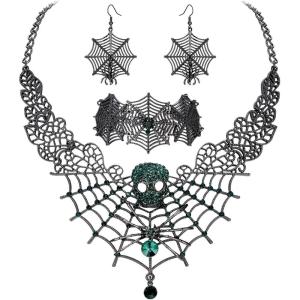 imageBriLove Halloween Costume Spider Cobwebs Crystal Necklace Earrings Set Gothic Skull Pendant Collar Jewelry for Women Cosplay Party PromEmerald Color BlackTone