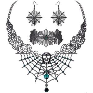 imageBriLove Halloween Costume Spider Cobwebs Crystal Necklace Earrings Set Gothic Skull Pendant Collar Jewelry for Women Cosplay Party PromEmerald Color SilverTone