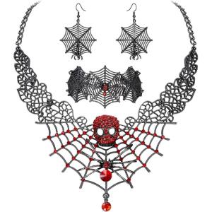 imageBriLove Halloween Costume Spider Cobwebs Crystal Necklace Earrings Set Gothic Skull Pendant Collar Jewelry for Women Cosplay Party PromRuby Color BlackTone