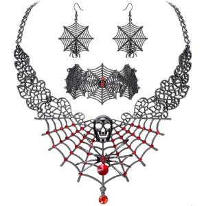imageBriLove Halloween Costume Spider Cobwebs Crystal Necklace Earrings Set Gothic Skull Pendant Collar Jewelry for Women Cosplay Party PromRuby Color SilverTone