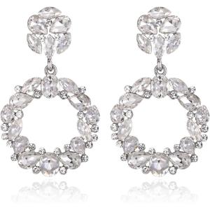 imageBriLove Wedding Bridal Sparkling Crystal Teardrop Marquise Circle Hoop Dangle Earrings for Women Party PromClear SilverTone