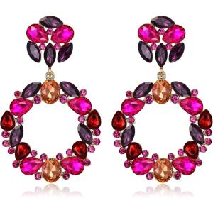 imageBriLove Wedding Bridal Sparkling Crystal Teardrop Marquise Circle Hoop Dangle Earrings for Women Party PromFuchsia GoldTone