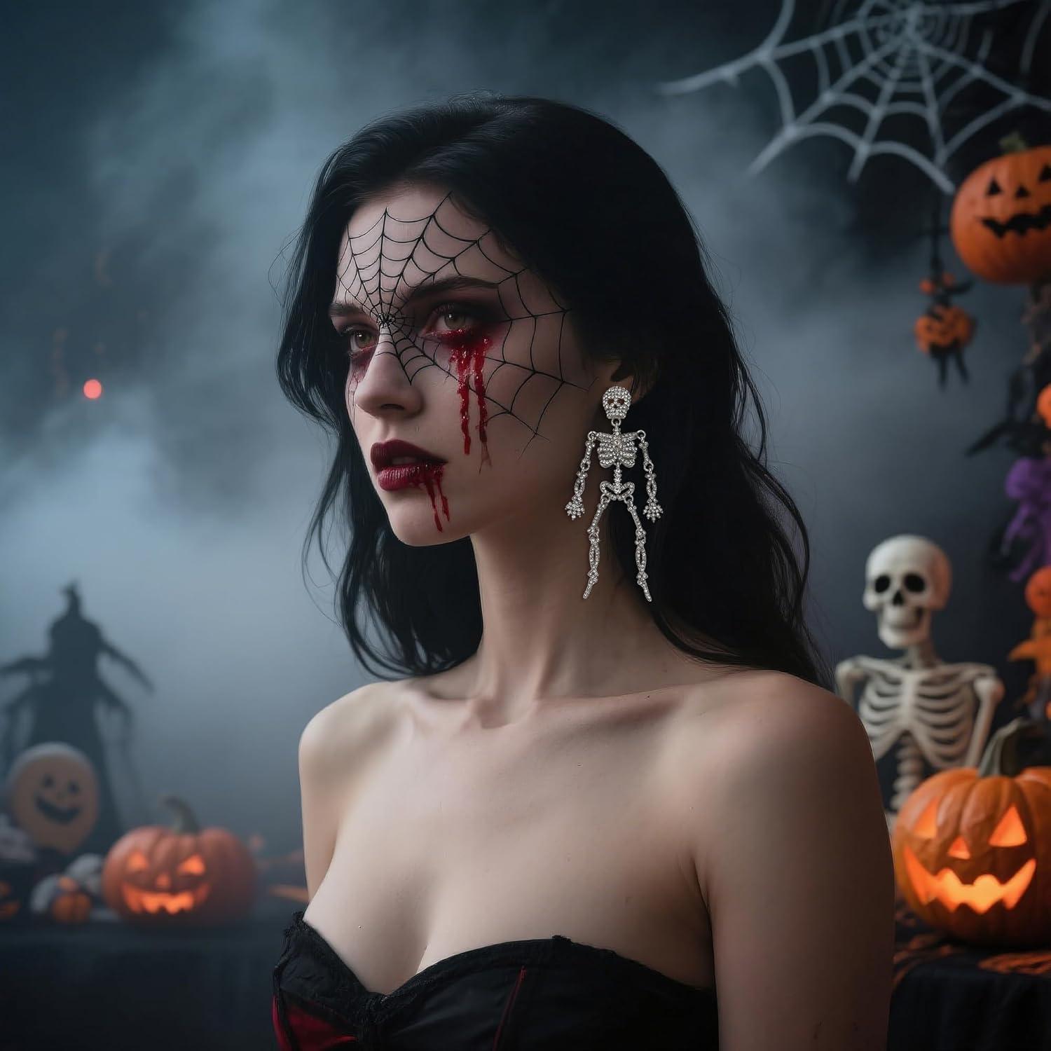 imageBriLove Halloween Vintage Punk Skull Earrings for WomenCostume Gothic Sparkling Rhinestone Dangle Drop Earring for Cosplay Party Prom AccessoryClear SilverTone
