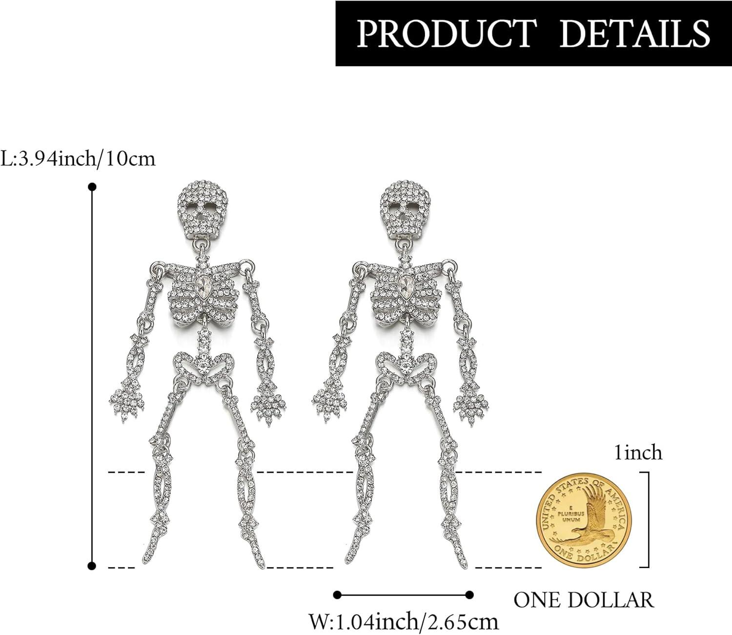 imageBriLove Halloween Vintage Punk Skull Earrings for WomenCostume Gothic Sparkling Rhinestone Dangle Drop Earring for Cosplay Party Prom AccessoryClear SilverTone