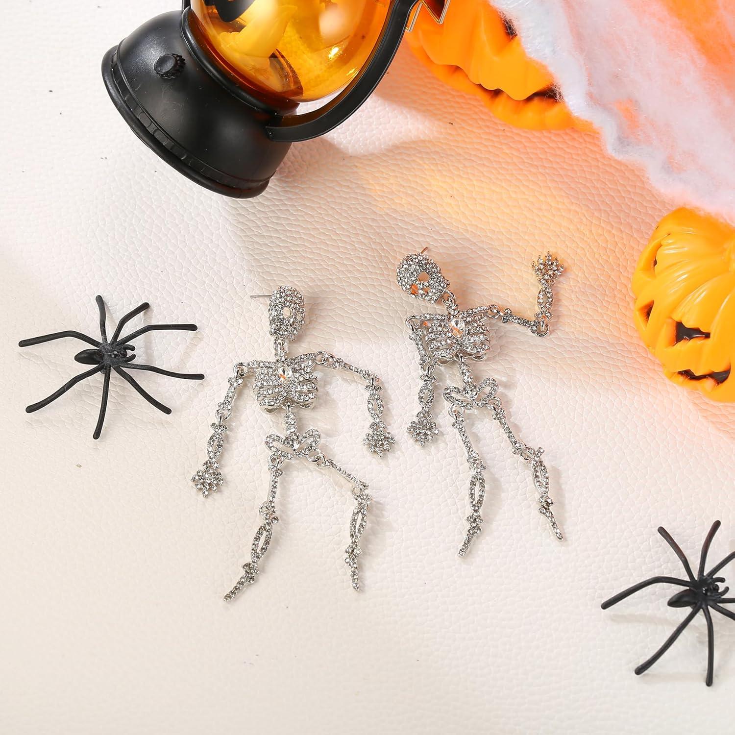 imageBriLove Halloween Vintage Punk Skull Earrings for WomenCostume Gothic Sparkling Rhinestone Dangle Drop Earring for Cosplay Party Prom AccessoryClear SilverTone