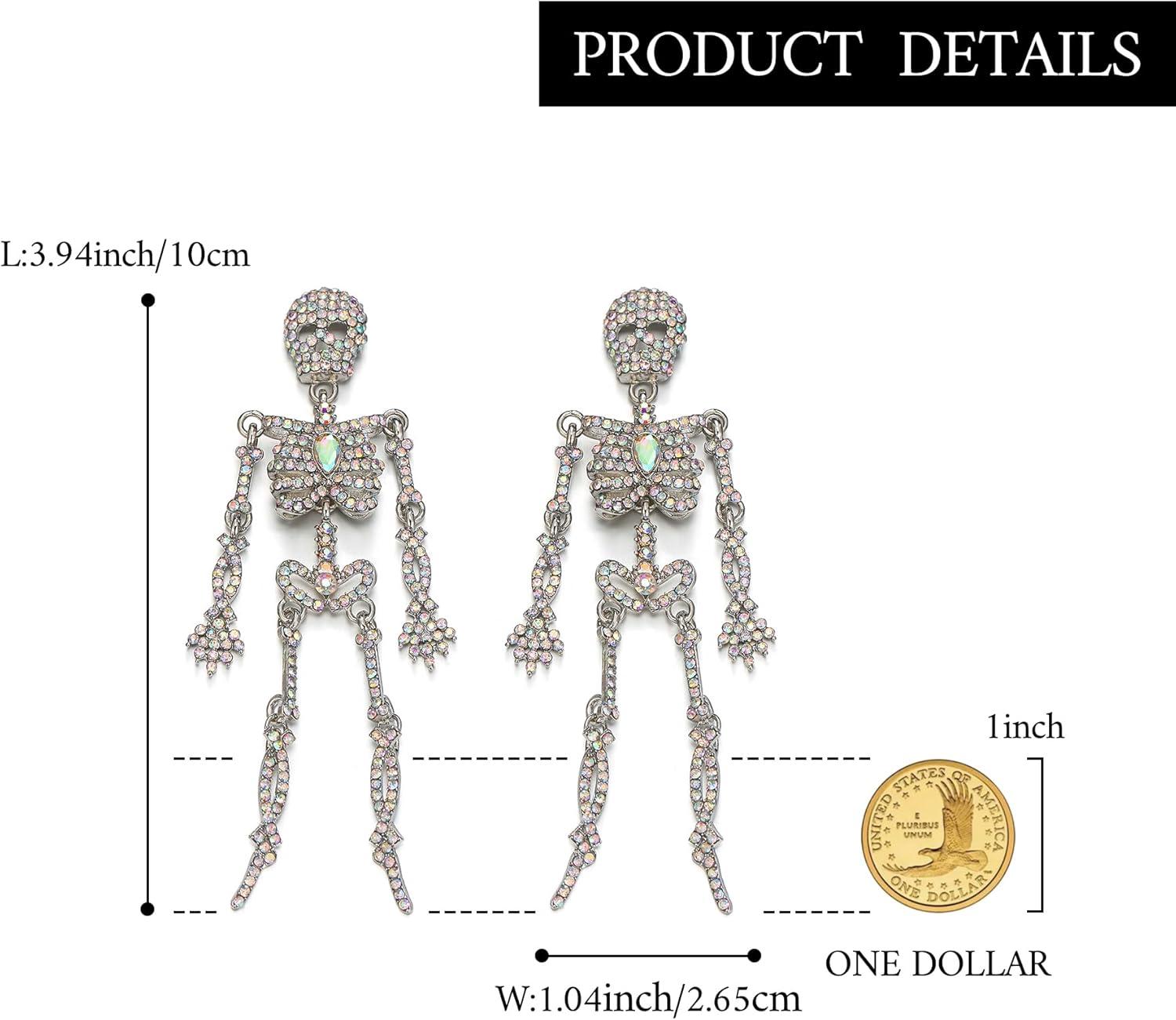 imageBriLove Halloween Vintage Punk Skull Earrings for WomenCostume Gothic Sparkling Rhinestone Dangle Drop Earring for Cosplay Party Prom AccessoryIridescent AB SilverTone