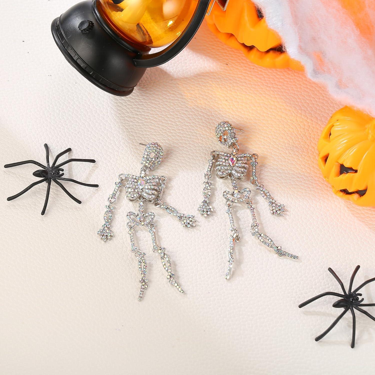 imageBriLove Halloween Vintage Punk Skull Earrings for WomenCostume Gothic Sparkling Rhinestone Dangle Drop Earring for Cosplay Party Prom AccessoryIridescent AB SilverTone