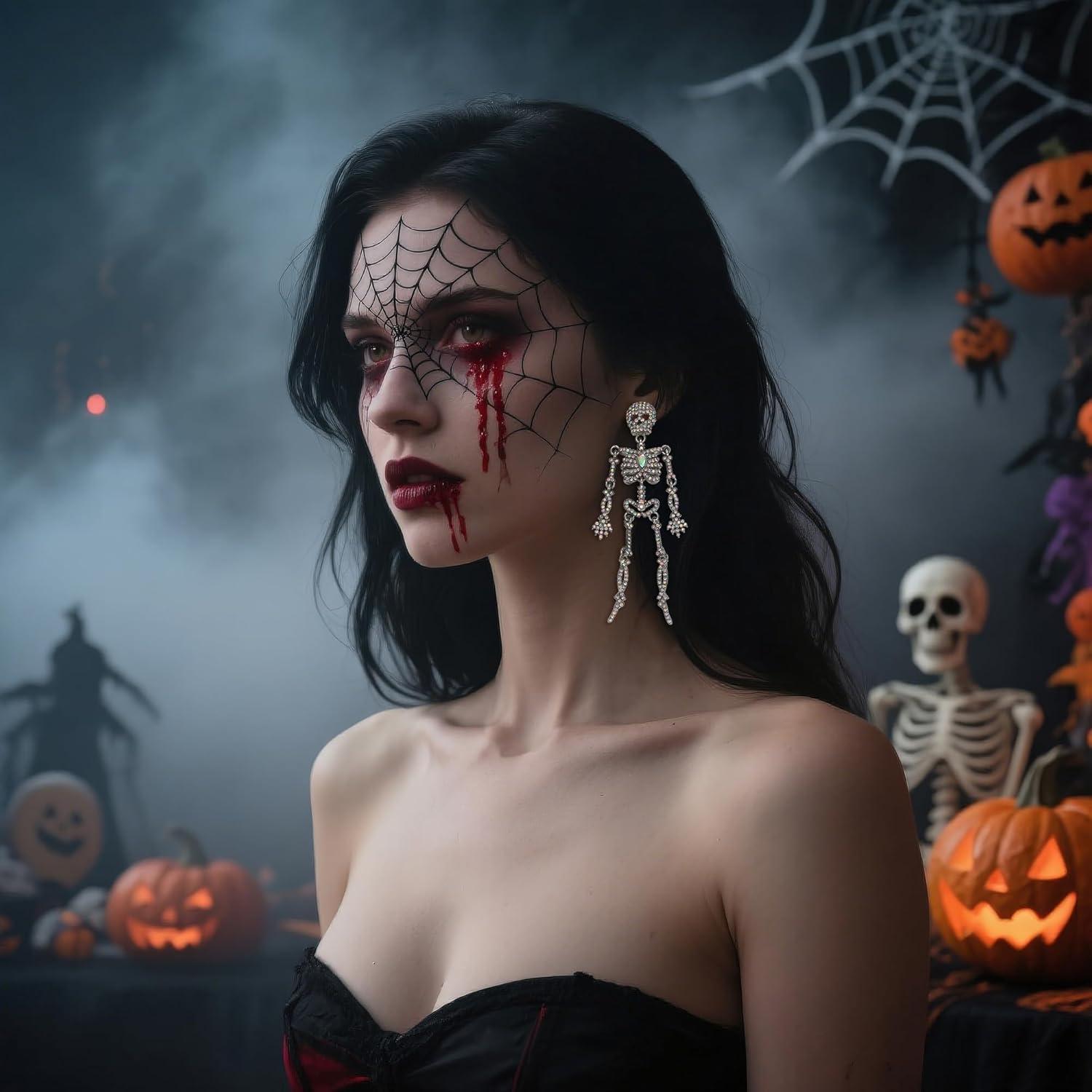 imageBriLove Halloween Vintage Punk Skull Earrings for WomenCostume Gothic Sparkling Rhinestone Dangle Drop Earring for Cosplay Party Prom AccessoryIridescent AB SilverTone