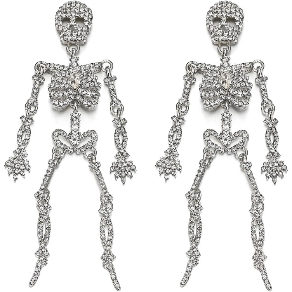imageBriLove Halloween Vintage Punk Skull Earrings for WomenCostume Gothic Sparkling Rhinestone Dangle Drop Earring for Cosplay Party Prom AccessoryClear SilverTone