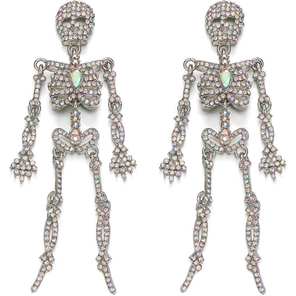 imageBriLove Halloween Vintage Punk Skull Earrings for WomenCostume Gothic Sparkling Rhinestone Dangle Drop Earring for Cosplay Party Prom AccessoryIridescent AB SilverTone