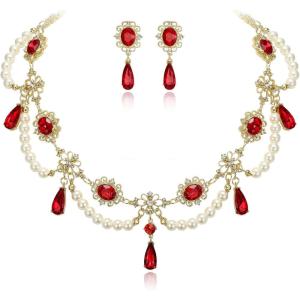 imageBriLove 1920s Simulated Pearls Halloween Gothic Costume Multi Layered Collar Necklace Dangle Earrings Set for Women Vampire Cosplay Party Prom AccessoryRuby Color GoldTone