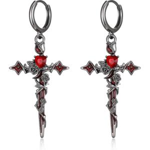 imageBriLove Gothic Punk Rose Flower Cross Hoop Dangle Earrings for Women Costume Party Prom AccessoriesRuby Color BlackTone