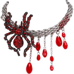 imageBriLove Halloween Spider Necklace for Women Costume Gothic Shiny Rhinestone Enemal Strand Choker Statement Necklaces Jewelry for Cosplay Party Prom Accessory Ruby Color