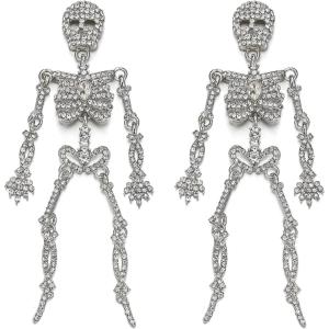 imageBriLove Halloween Vintage Punk Skull Earrings for WomenCostume Gothic Sparkling Rhinestone Dangle Drop Earring for Cosplay Party Prom AccessoryClear SilverTone