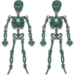 imageBriLove Halloween Vintage Punk Skull Earrings for WomenCostume Gothic Sparkling Rhinestone Dangle Drop Earring for Cosplay Party Prom AccessoryEmerald Color BlackTone