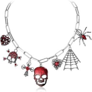 imageBriLove Halloween Vintage Punk Skull Spider Necklace for Women Costume Gothic Enemal Strand Collar Statement Necklaces Jewelry for Cosplay Party Prom AccessoryRuby Color