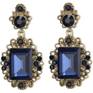 imageBriLove Victorian Style Statement Dangle Pierced Earrings for WomenStunning Shiny Crystal Inspired Emerald Cut Earring for Costume Party Prom Jewelry AcessoriesSapphire Color AntiqueGoldTone