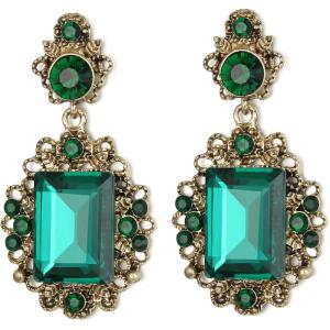 imageBriLove Victorian Style Statement Dangle Pierced Earrings for WomenStunning Shiny Crystal Inspired Emerald Cut Earring for Costume Party Prom Jewelry AcessoriesEmerald Color AntiqueGoldTone