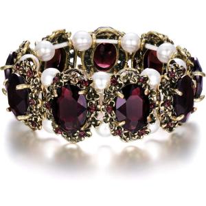 imageBriLove Womens Victorian Style Crystal Simulated Pearl Multi Floral Cameo Inspired Oval Stretch BraceletAmethyst AntiqueGoldTone