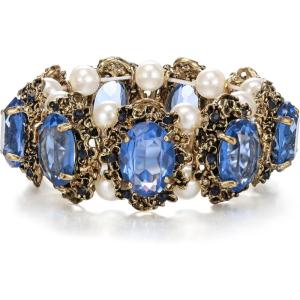 imageBriLove Womens Victorian Style Crystal Simulated Pearl Multi Floral Cameo Inspired Oval Stretch BraceletLight Blue AntiqueGoldTone