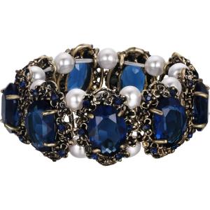 imageBriLove Womens Victorian Style Crystal Simulated Pearl Multi Floral Cameo Inspired Oval Stretch BraceletNavy Blue AntiqueGoldTone