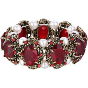 imageBriLove Womens Victorian Style Crystal Simulated Pearl Multi Floral Cameo Inspired Oval Stretch BraceletRuby Color AntiqueGoldTone