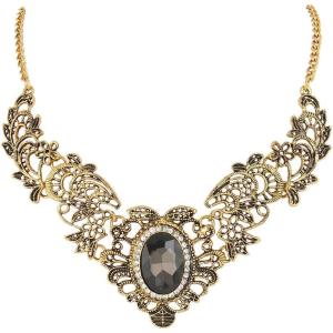 imageBriLove Womens Vintage Inspired Crystal Floral Scroll Statement NecklaceAntiqued GoldTone