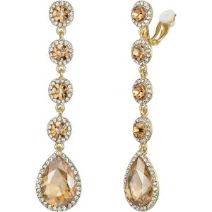 imageBriLove Clipon Earrings for WomenGorgeous Shiny Rhinestones Teardrop Chandelier Long Dangle Earring for Wedding Party Prom Jewelry AccessoriesChampagne GoldTone