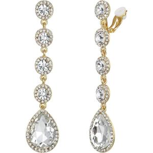 imageBriLove Clipon Earrings for WomenGorgeous Shiny Rhinestones Teardrop Chandelier Long Dangle Earring for Wedding Party Prom Jewelry AccessoriesClear GoldTone
