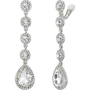imageBriLove Clipon Earrings for WomenGorgeous Shiny Rhinestones Teardrop Chandelier Long Dangle Earring for Wedding Party Prom Jewelry AccessoriesClear SilverTone