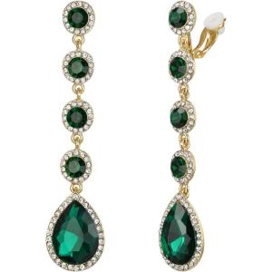 imageBriLove Clipon Earrings for WomenGorgeous Shiny Rhinestones Teardrop Chandelier Long Dangle Earring for Wedding Party Prom Jewelry AccessoriesEmerald Color GoldTone