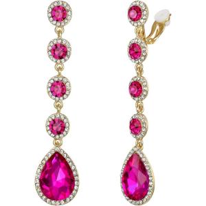 imageBriLove Clipon Earrings for WomenGorgeous Shiny Rhinestones Teardrop Chandelier Long Dangle Earring for Wedding Party Prom Jewelry AccessoriesFuchsia GoldTone
