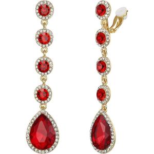imageBriLove Clipon Earrings for WomenGorgeous Shiny Rhinestones Teardrop Chandelier Long Dangle Earring for Wedding Party Prom Jewelry AccessoriesRuby Color GoldTone