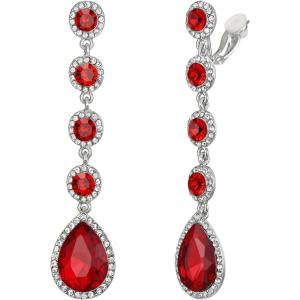imageBriLove Clipon Earrings for WomenGorgeous Shiny Rhinestones Teardrop Chandelier Long Dangle Earring for Wedding Party Prom Jewelry AccessoriesRuby Color SilverTone