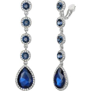 imageBriLove Clipon Earrings for WomenGorgeous Shiny Rhinestones Teardrop Chandelier Long Dangle Earring for Wedding Party Prom Jewelry AccessoriesSapphire Color SilverTone