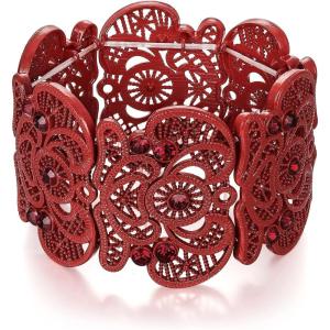 imageBriLove Vintage Inspired Elegant Crystal Hollow Flower Cluster Stretch Bracelet for WomenRuby Color RedTone