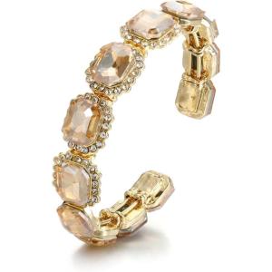 imageBriLove Womens Wedding Bridal Multi Emerald Cut Crystal Open Bangle Stretch BraceletChampagne GoldPlatedBase