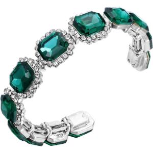 imageBriLove Womens Wedding Bridal Multi Emerald Cut Crystal Open Bangle Stretch BraceletEmerald Color SilverTone
