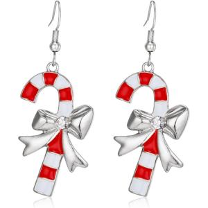 imageBriLove Christmas Earrings for Women Shiny Rhinestone Cute Candy Crutch Bowknot Wreath Snowflake Hook Dangle Earring Xmas Festival Decor Holiday Party Jewelry GiftCrutch Silver