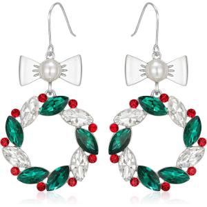 imageBriLove Christmas Earrings for Women Shiny Rhinestone Cute Candy Crutch Bowknot Wreath Snowflake Hook Dangle Earring Xmas Festival Decor Holiday Party Jewelry GiftWreath Silver