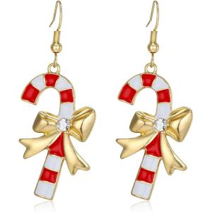 imageBriLove Christmas Earrings for Women Shiny Rhinestone Cute Candy Crutch Bowknot Wreath Snowflake Hook Dangle Earring Xmas Festival Decor Holiday Party Jewelry GiftCrutch Gold