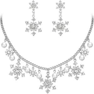 imageBriLove Christmas Winter Snowflakes Necklace Earrings Set Sparkling Bling Cubic Zirconia Collar Necklaces Drop Dangle Earrings Xmas Holiday Party Jewelry Gift for WomenClear SilverTone