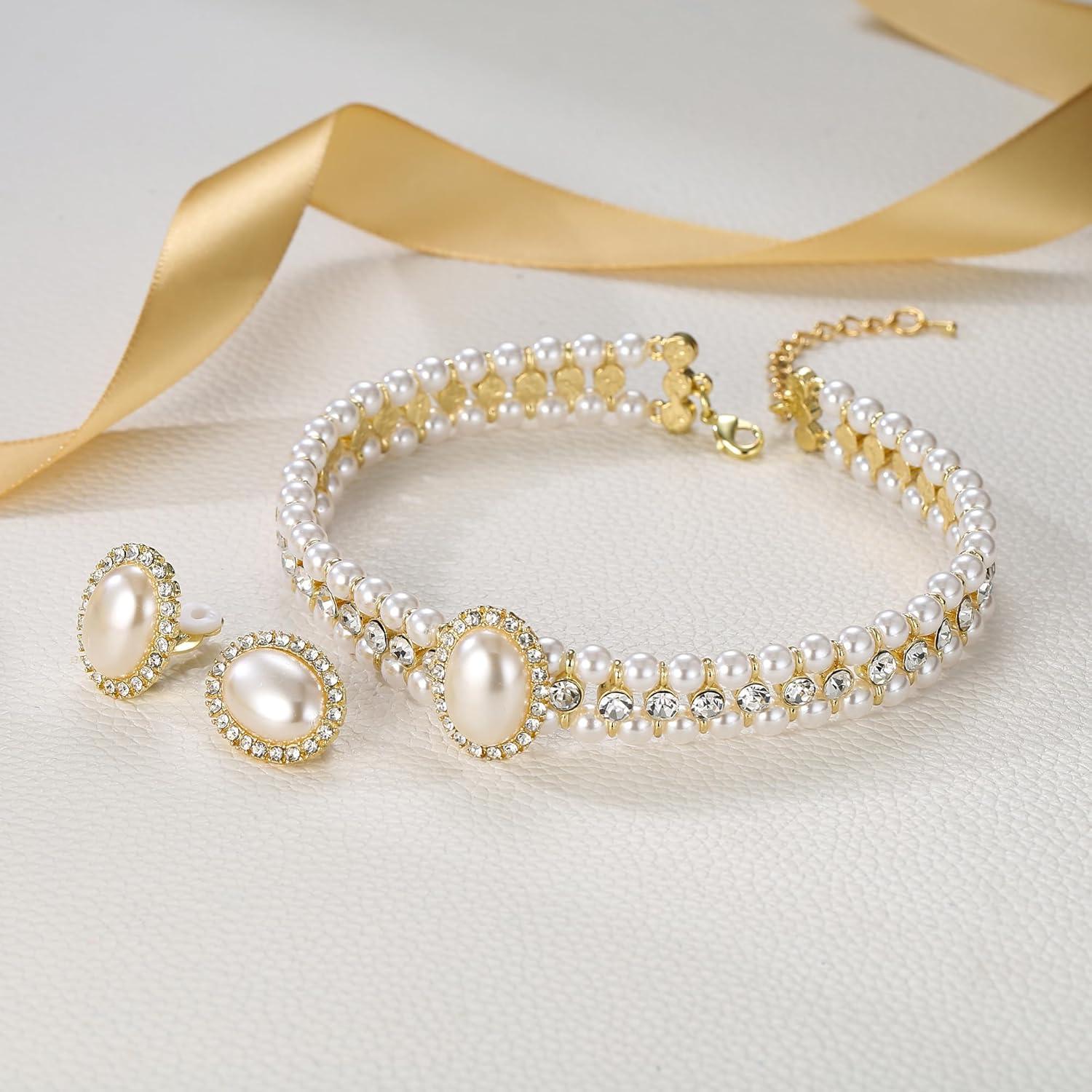 imageBriLove 1920s Costume Jewelry Set for WomenVintage Multilayer Simulated Pearl Crystal Necklace Bracelet Earrings Cosplay Party Accessories2pcs ClipOn